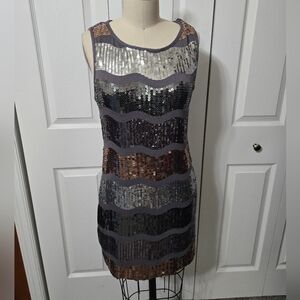 XXI Waves of Sequins Gray Dress, Beautiful, Large, Fully Lined, EUC
